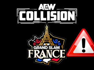 AEW-Grand-Slam Collision France Taping Logo mit goldenem Eiffelturm, weiß-goldenem Schriftzug und Elementen in den französischen Nationalfarben, mittig auf schwarzem Hintergrund