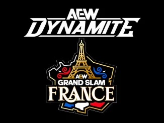 AEW-Grand-Slam Dynamite France-Logo mit goldenem Eiffelturm, weiß-goldenem Schriftzug und Elementen in den französischen Nationalfarben, mittig auf schwarzem Hintergrund