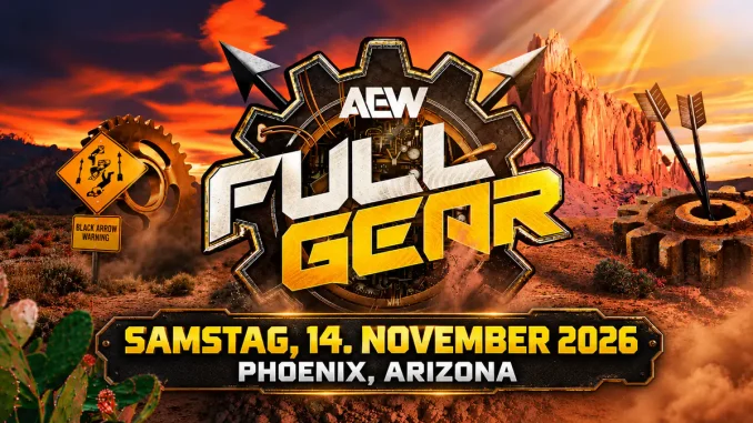 AEW Full Gear 2026: Veranstaltungslogo vor einer Wüstenlandschaft mit Zahnrädern und dem Termin 14. November in Phoenix, Arizona.
