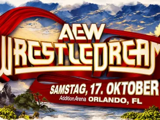 Die Grafik zeigt das AEW-WrestleDream-Logo vor einer asiatisch anmutenden Berg- und Wolkenlandschaft mit einem geschwungenen roten Band; darunter stehen der deutsche Veranstaltungstermin „Samstag, 17. Oktober“ sowie die Addition Arena in Orlando, Florida.