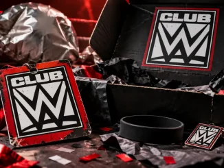 Grafik zum Club WWE mit einer geöffneten Merchandise-Box, Club-WWE-Mitgliedskarte, Schlüsselanhänger und schwarzem Armband. Die spärlichen Inhalte und verstreuten Verpackungsmaterialien symbolisieren die Enttäuschung von Mitgliedern.