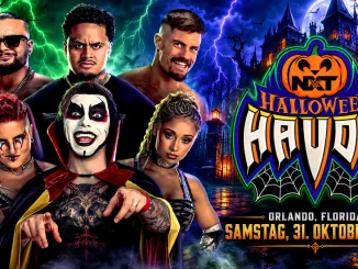 WWE NXT Halloween Havoc 2026: Sechs Wrestler vor einer düsteren Halloween-Kulisse mit Blitzen, Spukschloss und dem Eventlogo sowie dem Datum 31. Oktober 2026