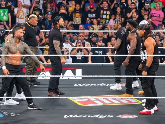 Bloodlien und 946 stehen sich im WWE-Ring gegenüber, während zahlreiche Zuschauer die Konfrontation verfolgen.