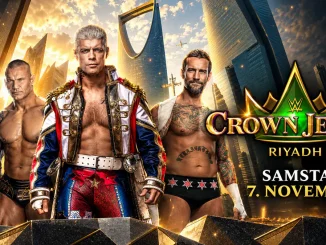 WWE Crown Jewel 2026: Randy Orton, Cody Rhodes und CM Punk stehen neben einem maskierten Wrestler vor der beeindruckenden Skyline von Riad. Rechts sind das WWE Crown Jewel Logo und der Veranstaltungstermin am Samstag, 7. November, zu sehen.