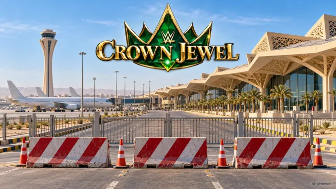 Grafik zur Flughafensperrung in Riad: Rot-weiße Absperrungen vor einem Terminal mit Flugzeugen und Kontrollturm, darüber das WWE-Crown-Jewel-Logo.