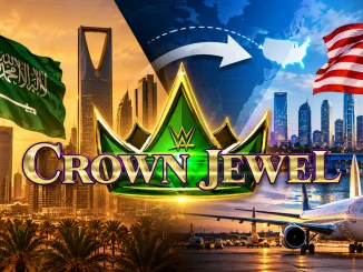 WWE Crown Jewel Logo vor einer geteilten Kulisse mit der Flagge Saudi-Arabiens, der US-Flagge, zwei Stadtsilhouetten und einem Flugzeug. Ein Pfeil deutet einen möglichen Standortwechsel in die USA an.