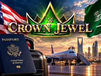 WWE Crown Jewel Logo vor den Flaggen der USA und Saudi-Arabiens, mit US-Reisepass, Flugzeug und US-Botschaft im Hintergrund.