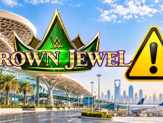 Blick auf den Flughafen in Saudi-Arabien mit einem gelben Warndreieck und dem Logo von WWE Crown Jewel