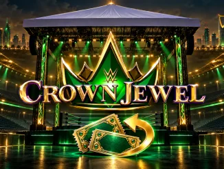 Crown-Jewel-Grafik mit Logo, überdachtem Wrestling-Ring und grün-goldenen Tickets mit Rückerstattungspfeil.