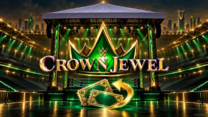 Crown-Jewel-Grafik mit Logo, überdachtem Wrestling-Ring und grün-goldenen Tickets mit Rückerstattungspfeil.
