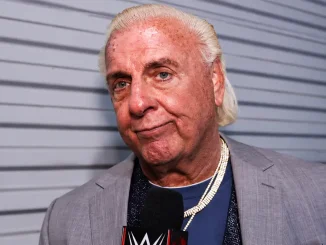 Ric Flair im grauen Sakko mit einem WWE-Mikrofon vor einem hellen Hintergrund.