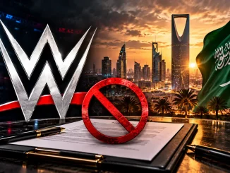 WWE-Logo vor der Skyline von Riad und der Flagge Saudi-Arabiens. Ein Vertrag mit rotem Verbotssymbol steht für die ungewisse Zukunft der Zusammenarbeit.