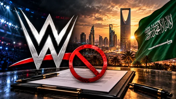 WWE-Logo vor der Skyline von Riad und der Flagge Saudi-Arabiens. Ein Vertrag mit rotem Verbotssymbol steht für die ungewisse Zukunft der Zusammenarbeit.