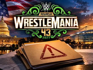 WWE WrestleMania 43 Riyadh 2027 Logo vor einer US-Flagge, dem Kapitol und einem beleuchteten Stadion. Im Vordergrund liegen Unterlagen mit einem roten Warnsymbol als Hinweis auf einen möglichen US-Notfallplan.