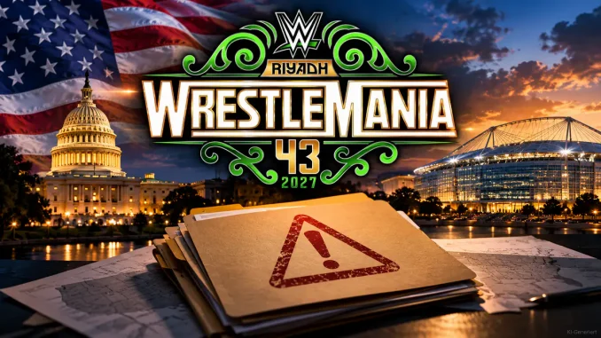WWE WrestleMania 43 Riyadh 2027 Logo vor einer US-Flagge, dem Kapitol und einem beleuchteten Stadion. Im Vordergrund liegen Unterlagen mit einem roten Warnsymbol als Hinweis auf einen möglichen US-Notfallplan.