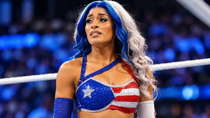 Zelina Vega mit ihren blau-silbernen Haaren und dem rot-weiß-blauen Oberteil steht im Wrestling-Ring.